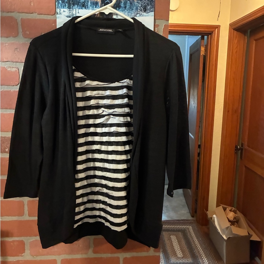 Notations Black Open-Front Cardigan with Black & White Striped Shell